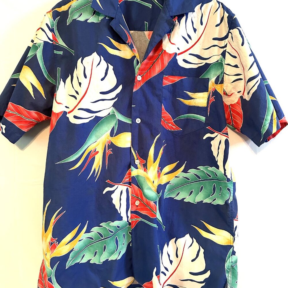 Vtg 80s Men's Izod Lacoste Loop Collar AOP Tropical Tiki Party Hawaiian Shirt M